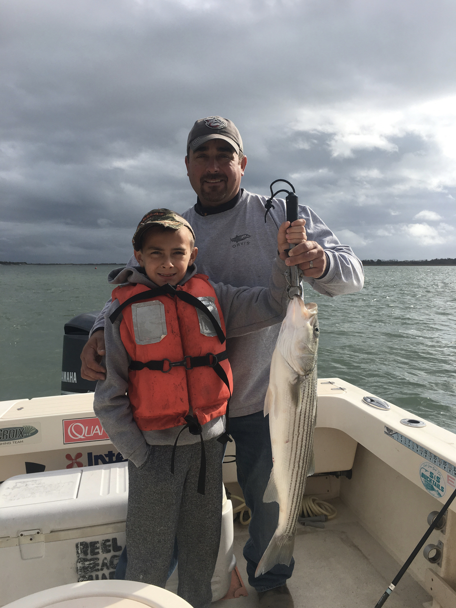 A man and boy on boat in the water.