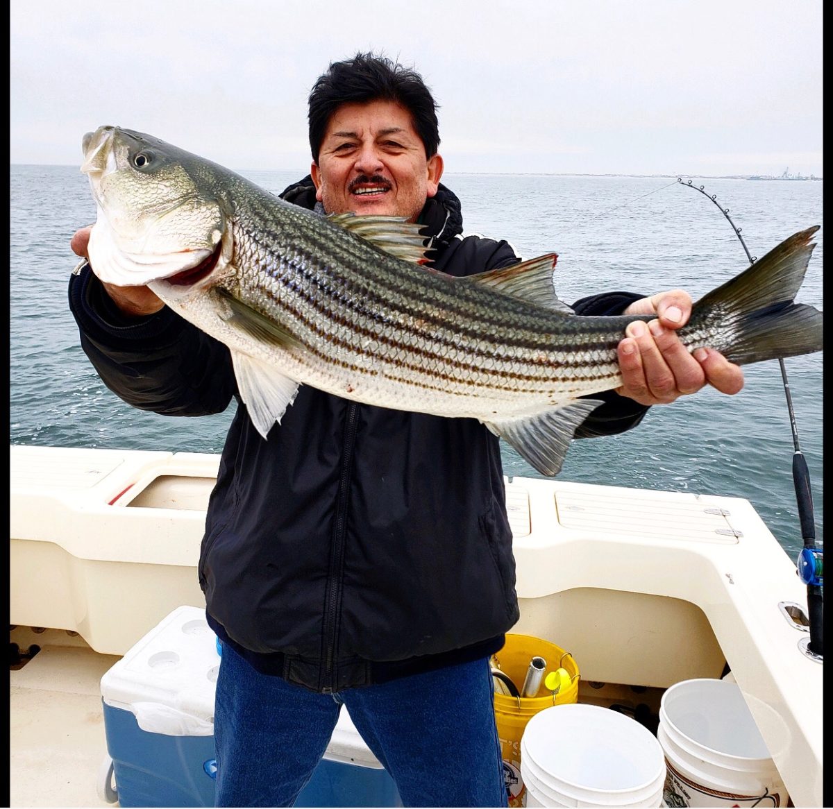 A man holding a striped fish on top of a boat.