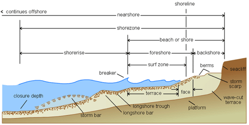 A diagram of the ocean showing where the shore is.
