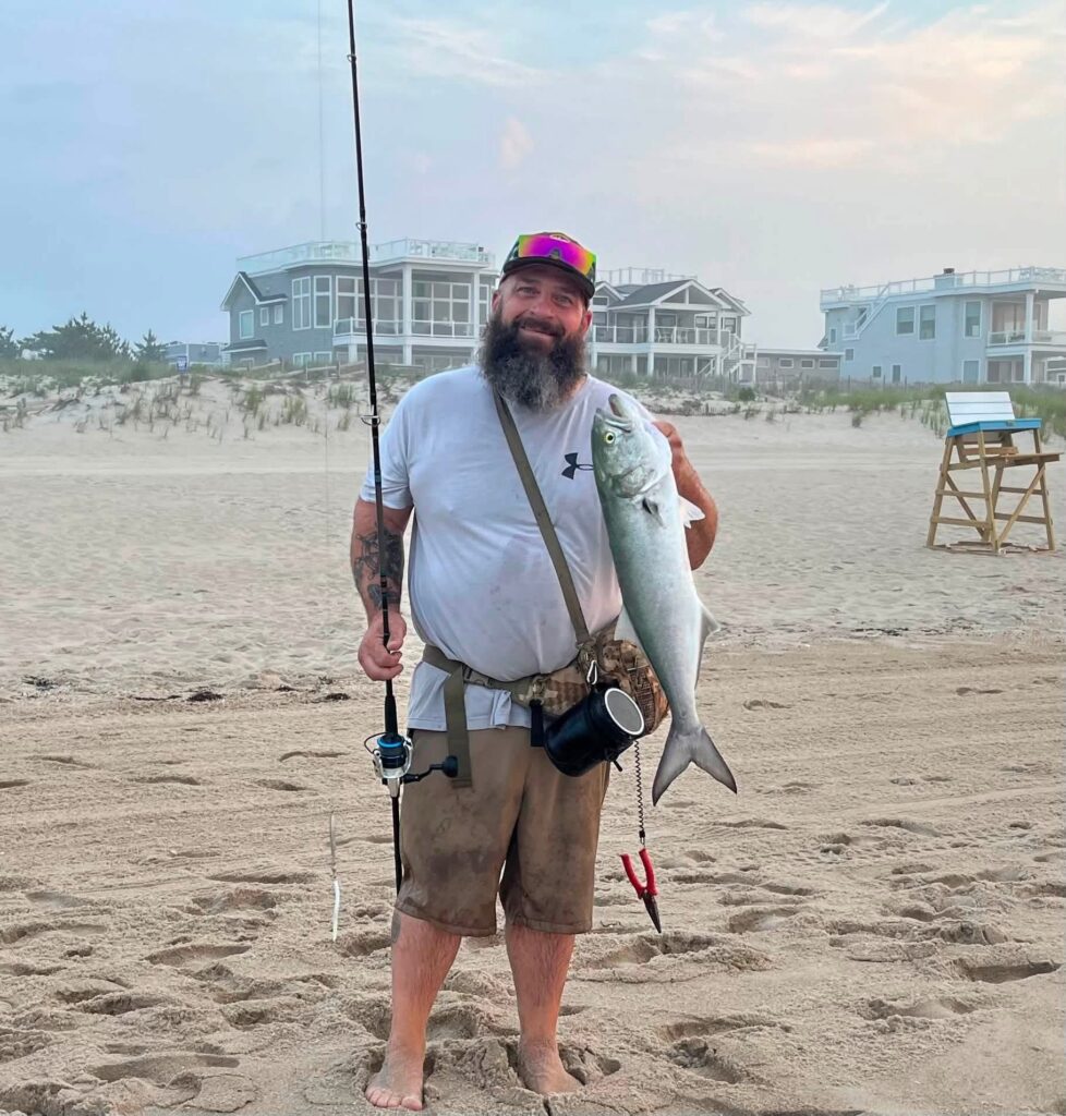 Bubba Williams caught a nice size bluefish off the surf. He reported while fluke fishing he got bit off after seeing a school of bluefish. "Tied on a diamond jig and followed them down the beach. Landed one."