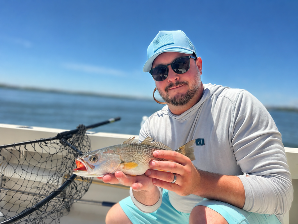This is a photo of Paul Sundstrom from Illinois enjoying time on Barnegat Bay catching weakfish, bluefish, fluke... but missed the striped bass for the Grand Slam.