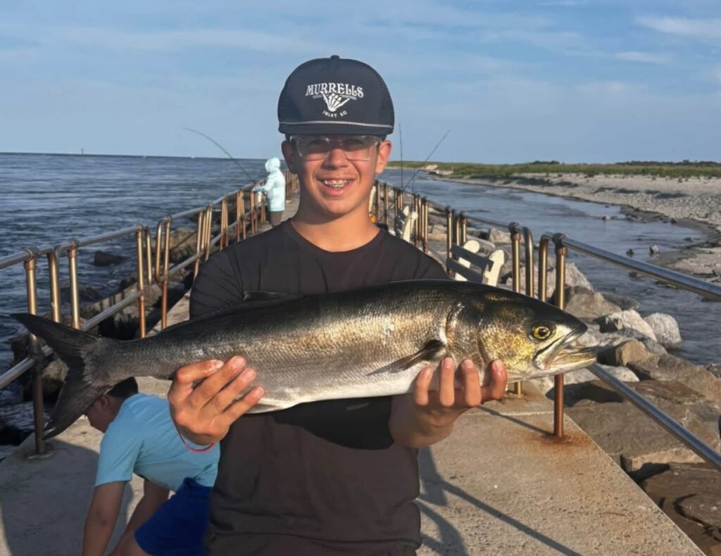 Raymond LeFante shared a photo of his son with a nice bluefish catch from the Barnegat Inlet jetty. He reported, "A few nice blues for Aiden and a bunch of short fluke for Andrew." This photo is of Aiden with a bluefish he caught on the Barnegat Inlet Jetty.