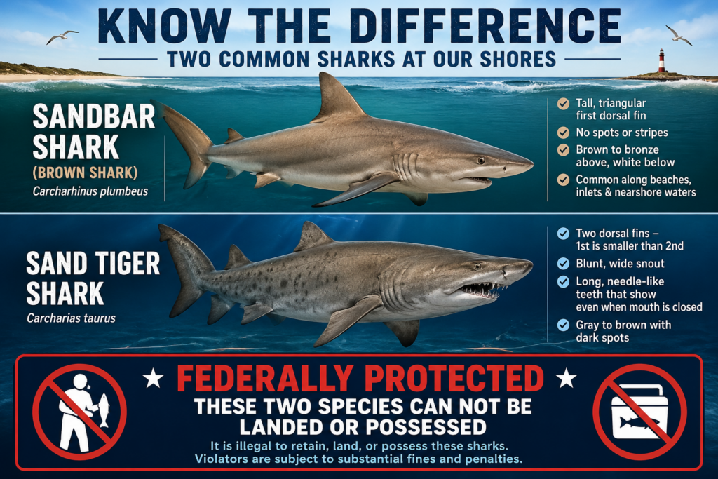 Know the differences in these two common sharks; sandbar - brown shark, sand tiger shark. Both are federally protected.